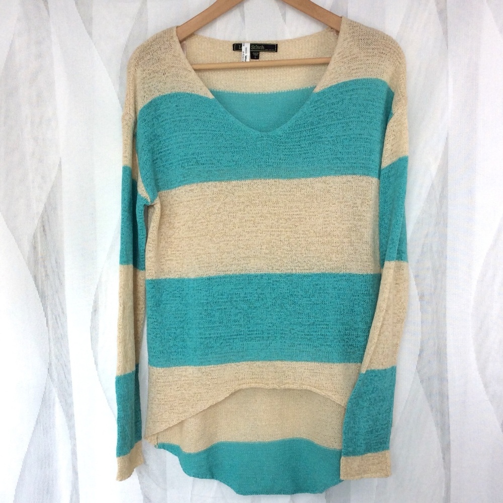 Love Stitch Color Block Sweater L Hi-Lo Aqua Top